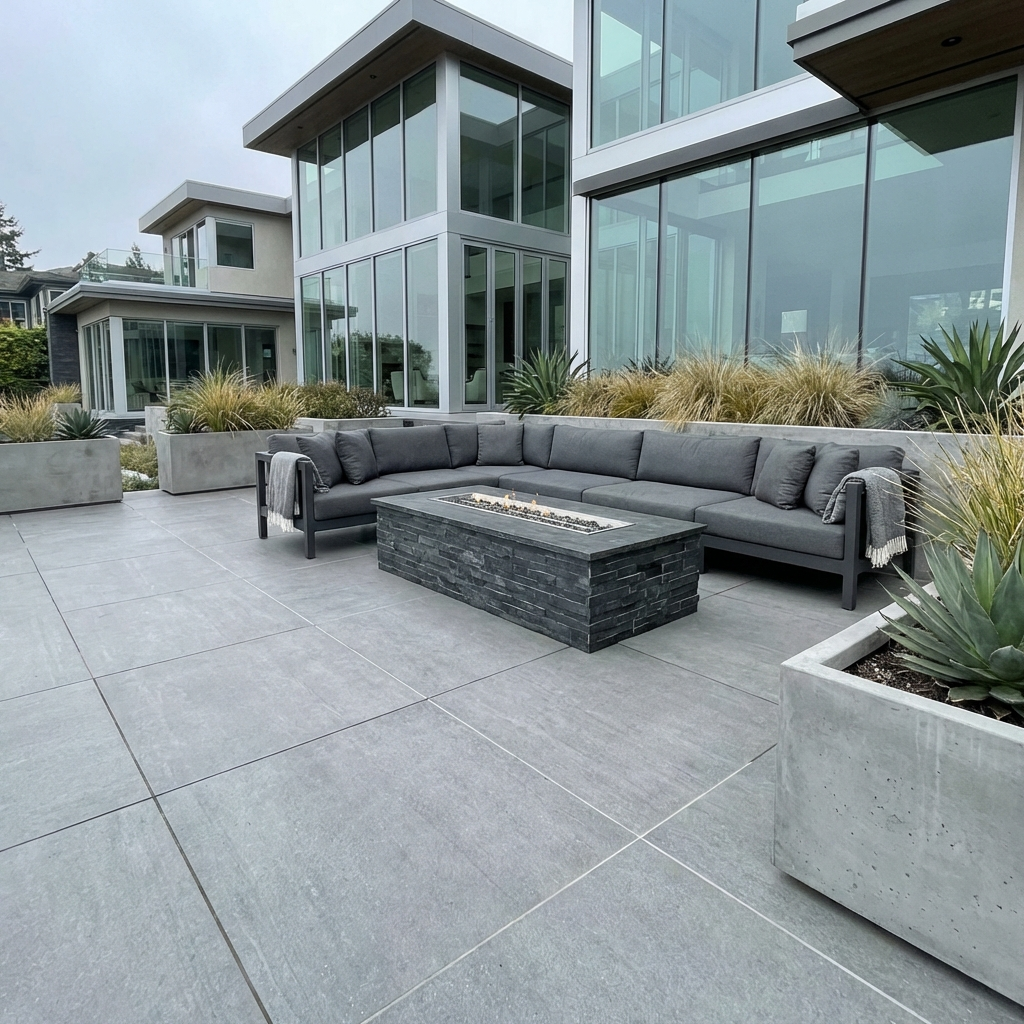 Modern porcelain paver patio with fire pit