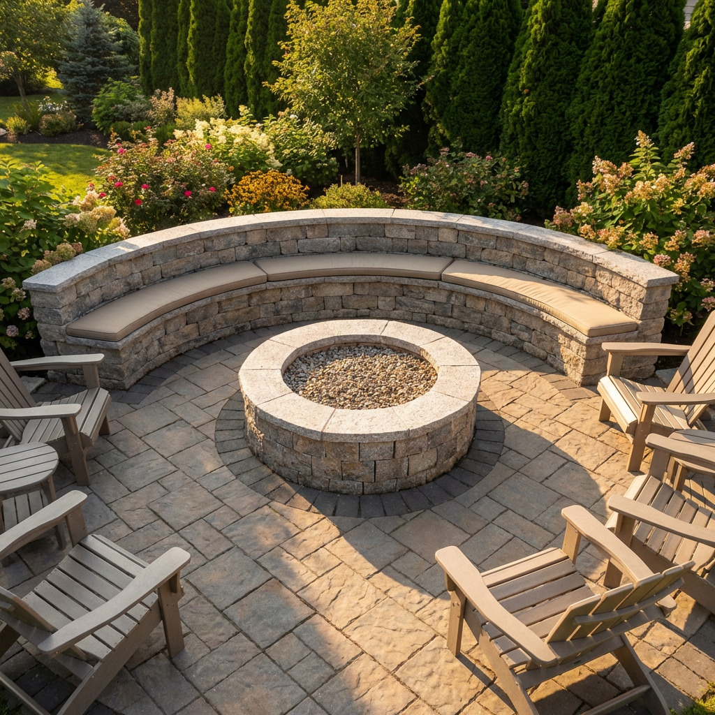 Stone fire pit with seating wall